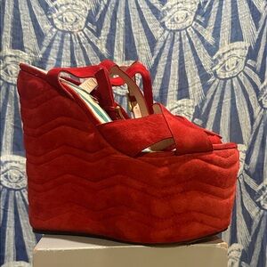 Gucci Sally Red Suede Open Toe Ankle Strap Platform Wedge Sandals